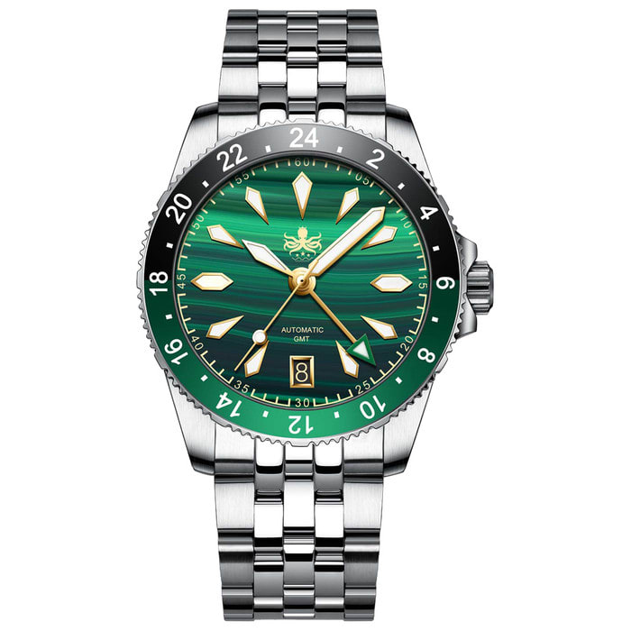 Phoibos Voyager GMT Automatic Watch with Green Malachite Dial #PY043A