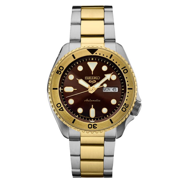 Seiko 5 Sports Automatic Watch with Brown Dial and Two-Tone Case #SRPK24