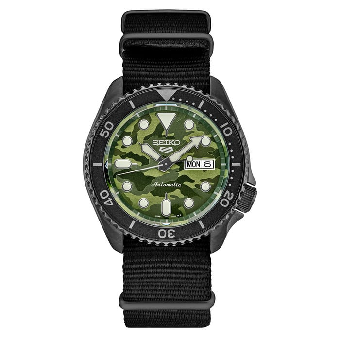 Seiko 5 Sports Automatic Watch with Green Camo Dial and Gun Metal Case #SRPJ37