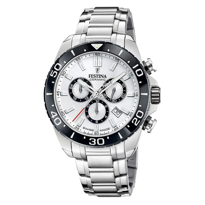 Festina Swiss Made Chronograph with Ceramic Bezel and Silver Dial #F20042-1