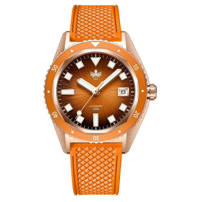 PHOIBOS Argo Bronze Automatic Dive Watch with Spiral Sunray Orange Dial #PY057G