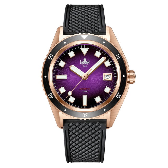 PHOIBOS Argo Bronze Automatic Dive Watch with Spiral Sunray Purple Dial #PY057H