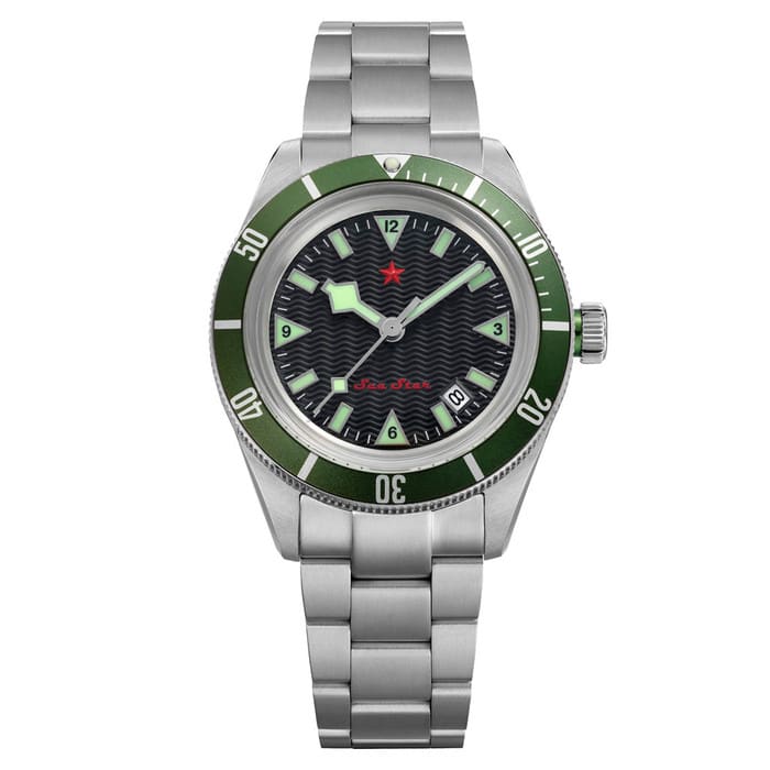 Red Star SEA STAR Watch with Black Dial and Green Bezel #7074G-E