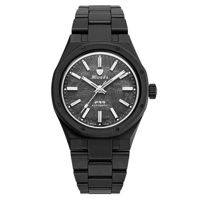 Nivada Grenchen 37mm F77 Black Ceramic Watch with Meterorite Dial #68020A77