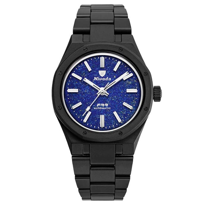 Nivada Grenchen 37mm F77 Black Ceramic Watch with Lapis Lazuli Dial #68022A77