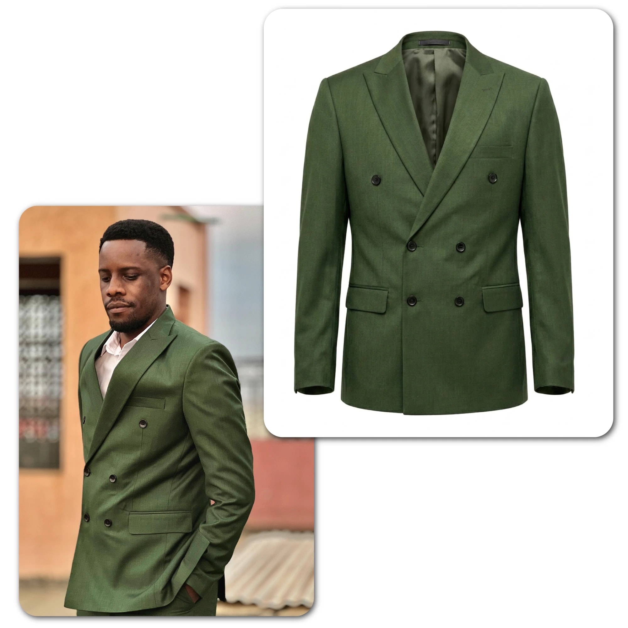 AI ghost mannequin photography example — green suit on invisible mannequin