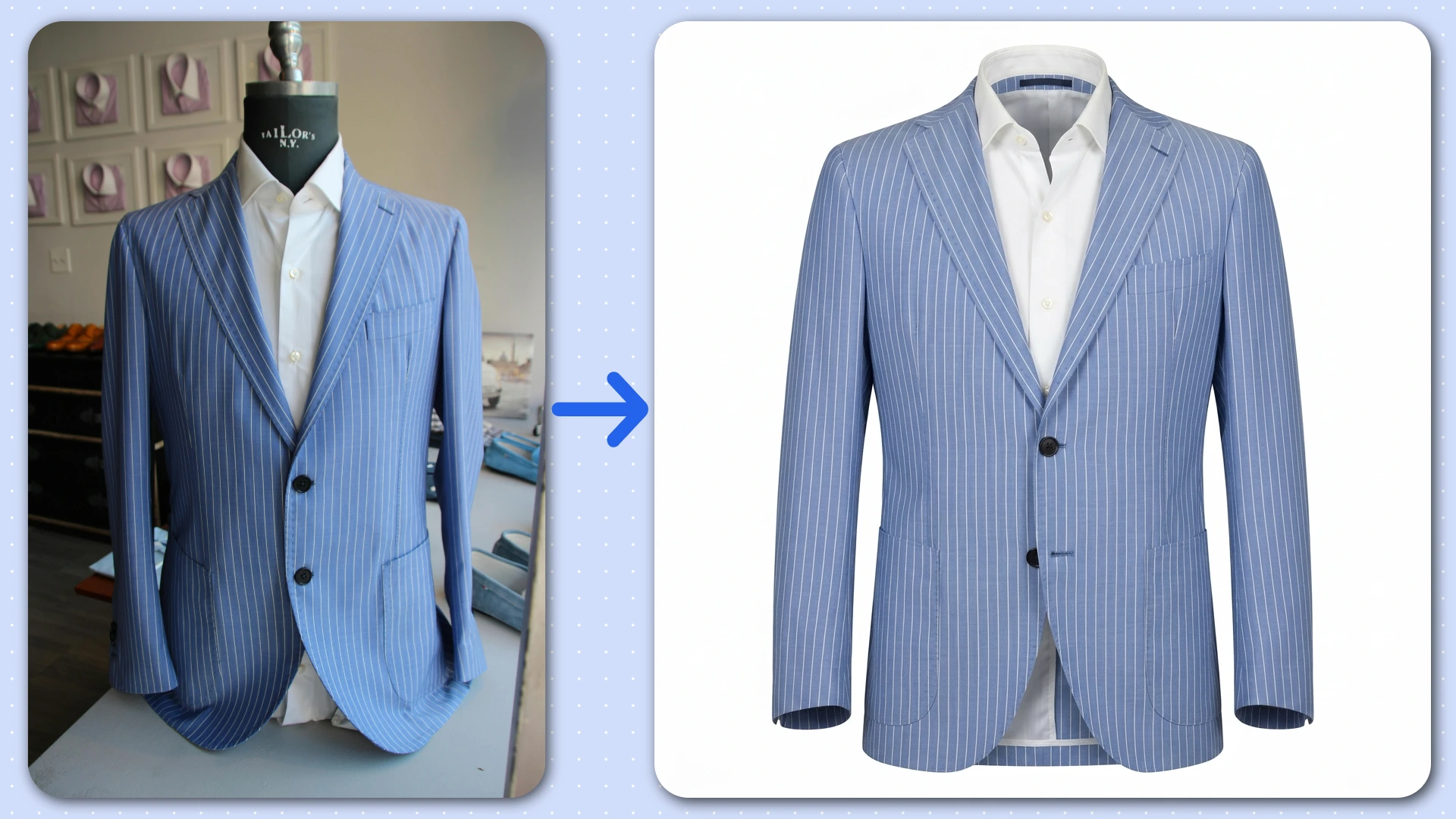 Before and after comparison of ghost mannequin editing — sky blue suit