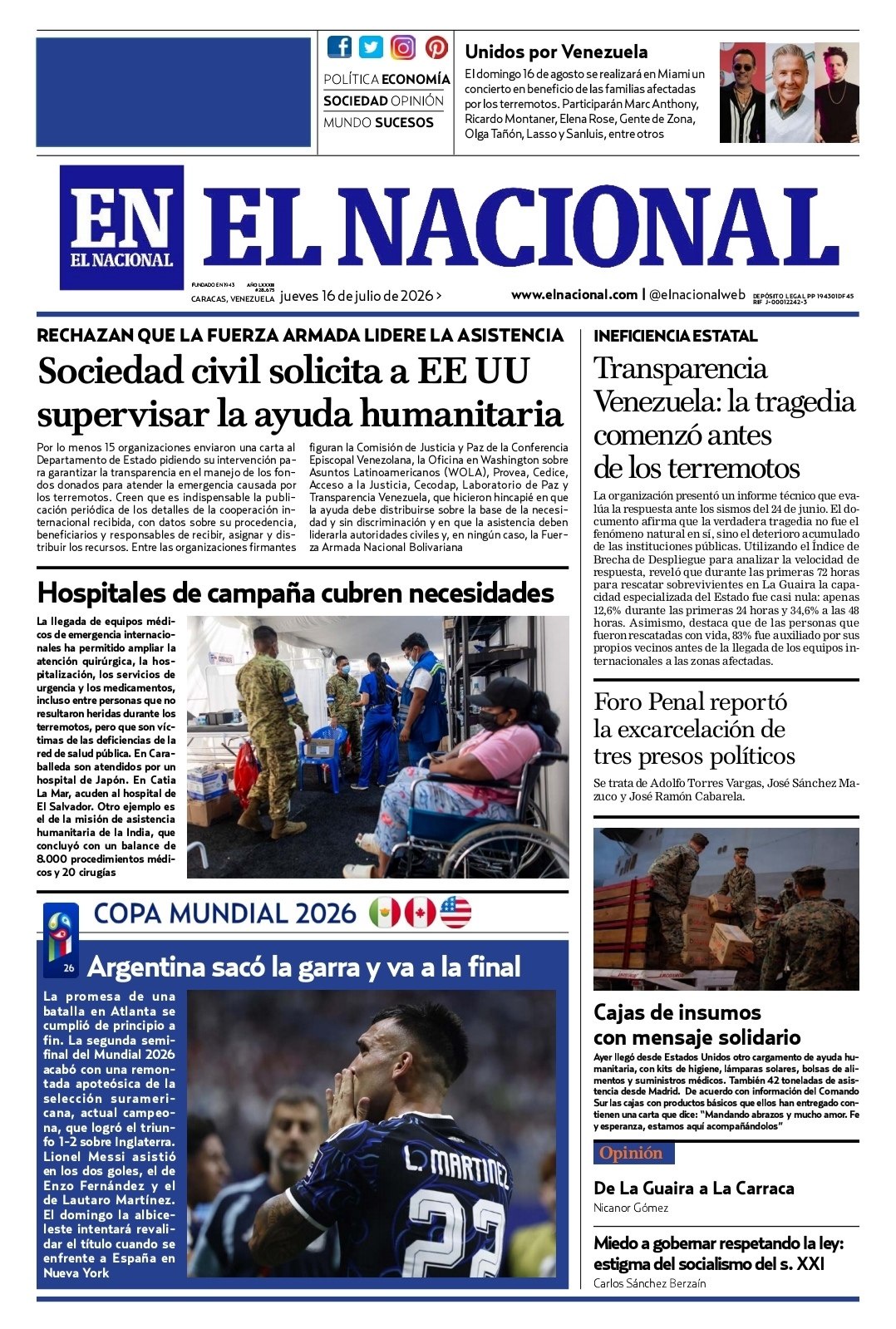 Portadas de LaPatilla.com: Últimas noticias de Venezuela y el mundo del 17 de julio de 2026