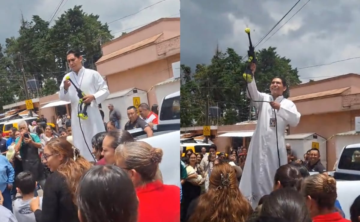 Sacerdote utiliza hidrolavadora para bendición en festividad de Santiago Apóstol