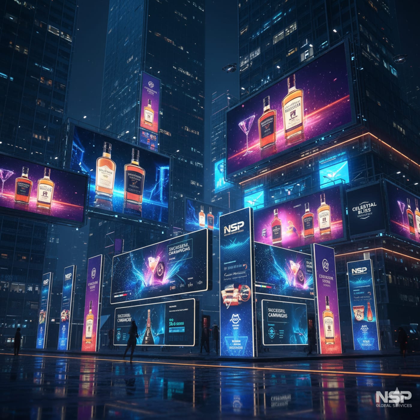 Alcohol brand campaigns by NSP Global Services on city billboards at night