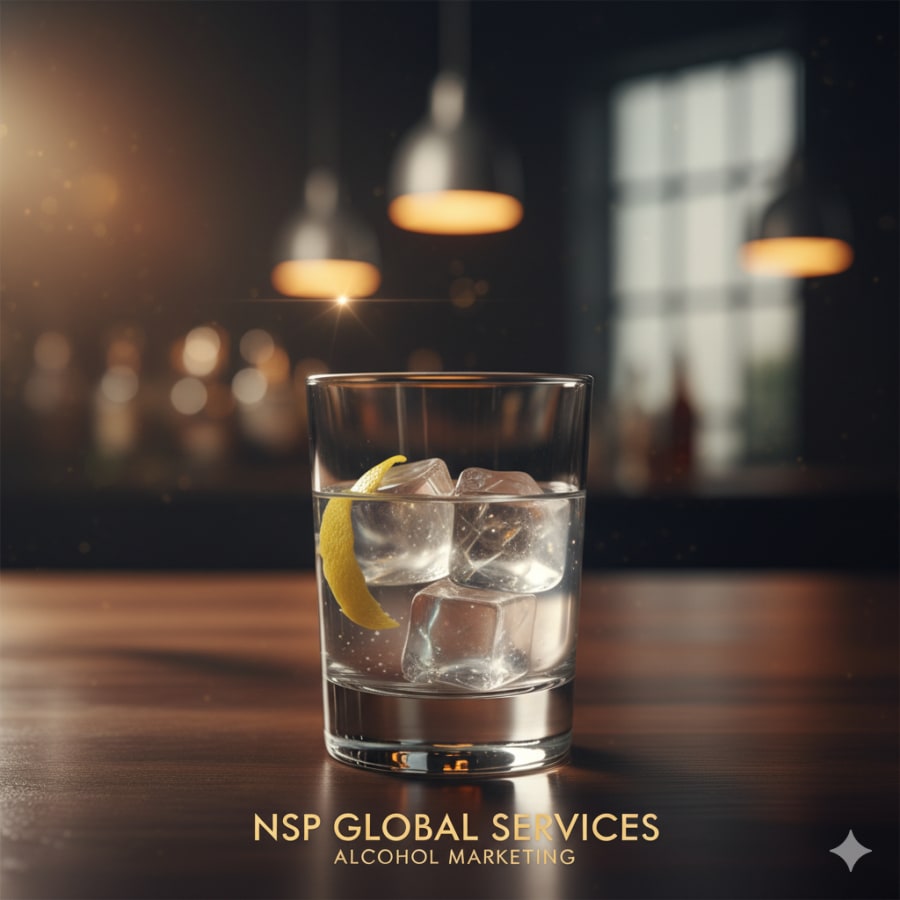 Glass of gin and tonic with lemon peel on a dark wood bar