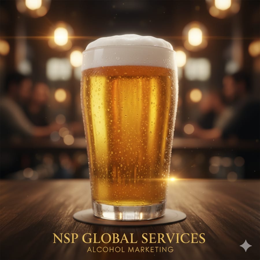 Pint of craft beer on a wooden bar in a busy taproom