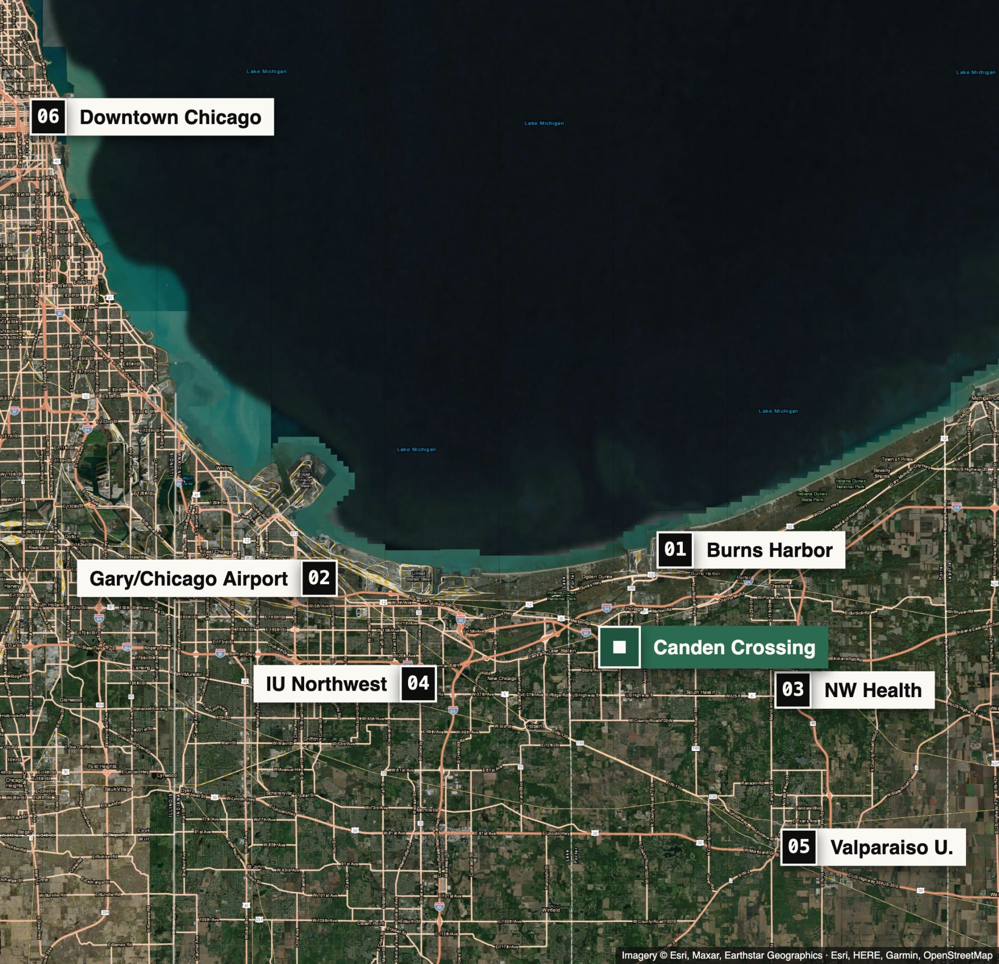 Regional map from Portage, Indiana to downtown Chicago