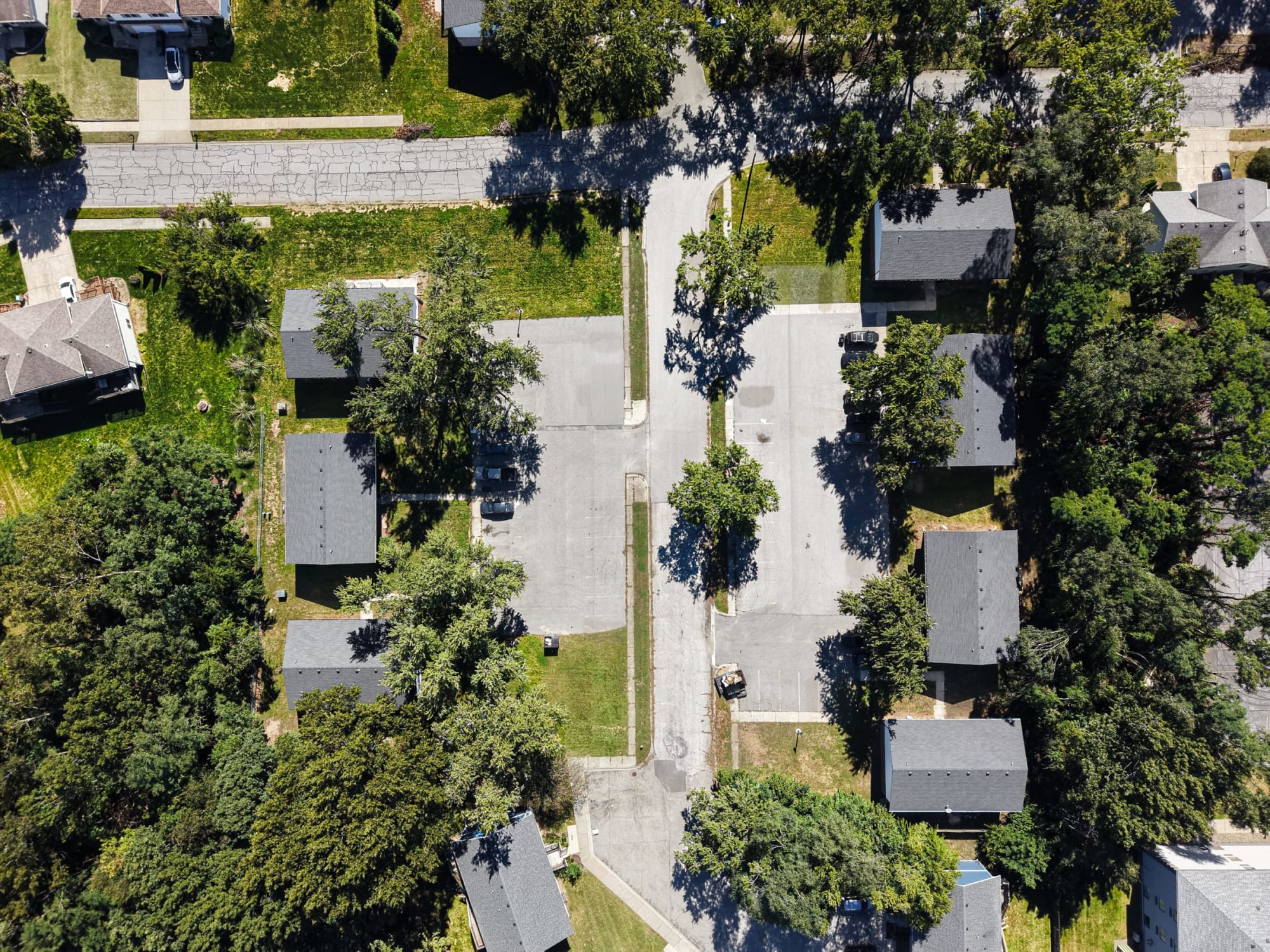 Overhead aerial of the north buildings and parking courts