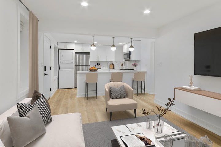 Open kitchen and living, virtually staged