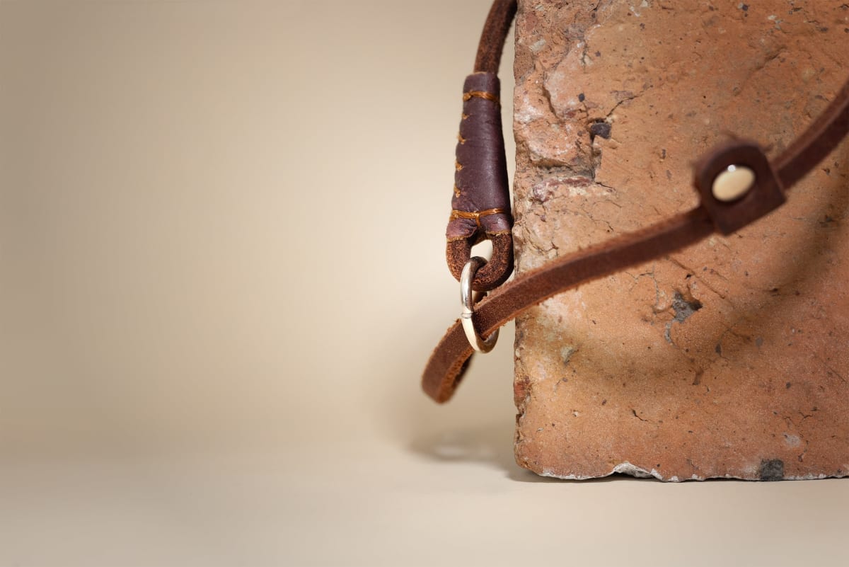 Close-up detail of leather dog leash hardware and stitching