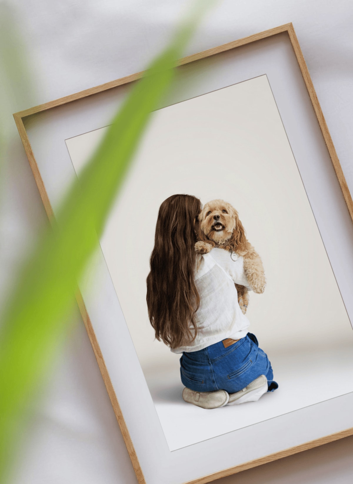 Framed pet portrait in oak frame with leaf details