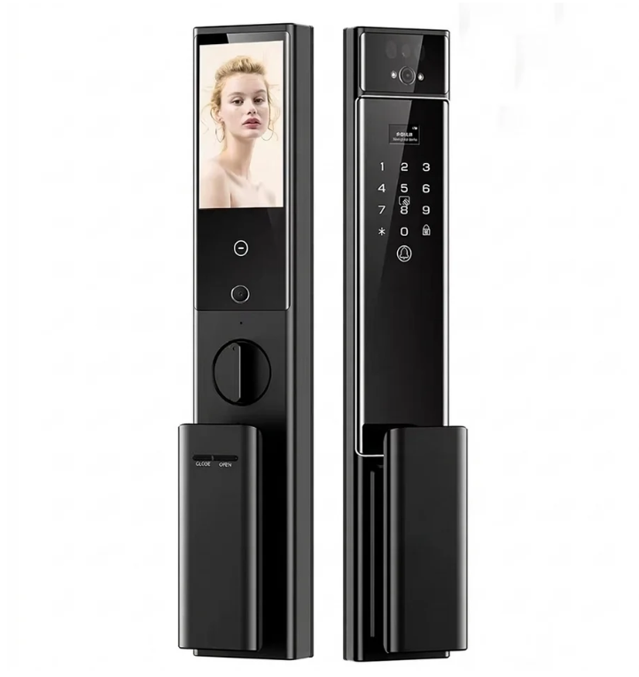 Serrure intelligente noire Tuya Smart avec caméra HD et écran tactile, installée sur une porte d'entrée au Maroc