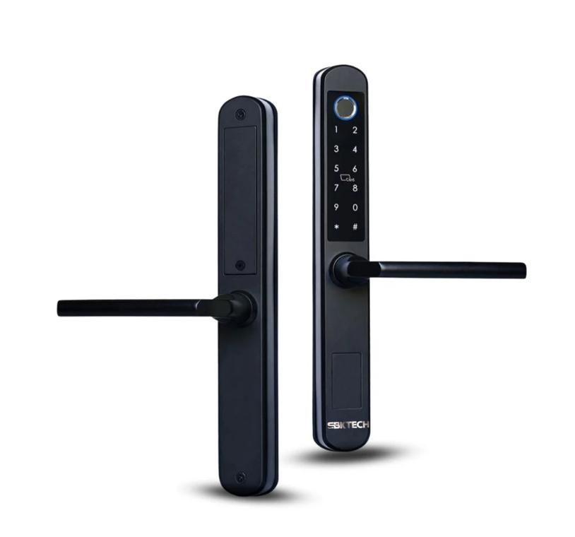 Serrure digitale slim connectée Tuya & TTLOCK BLE, avec biométrie et contrôle smartphone. Design épuré, compatible portes alu et bois.