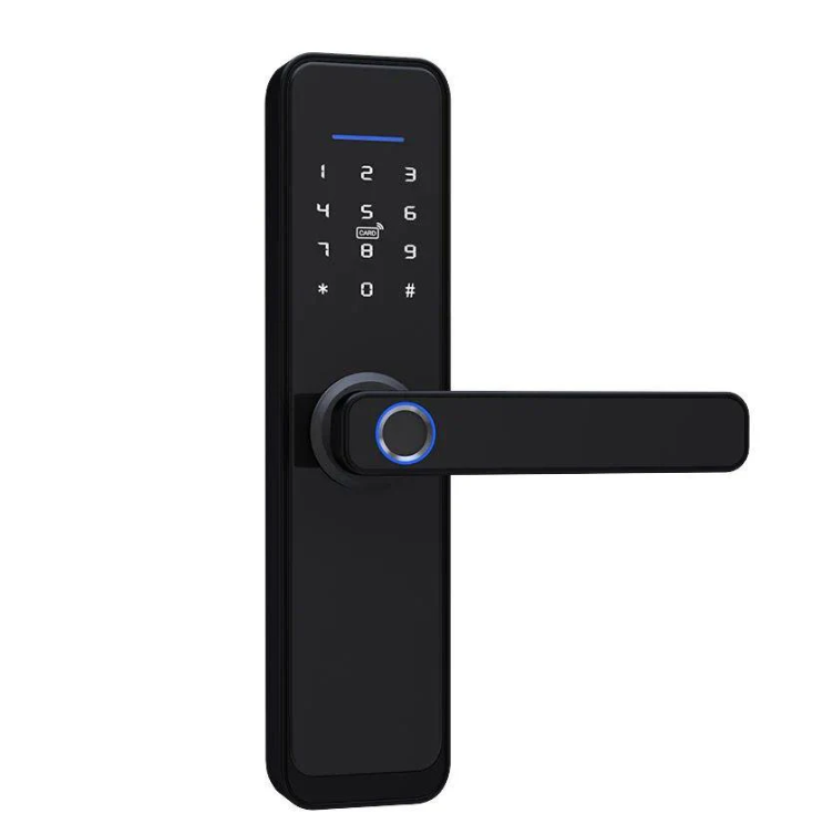 Poignée connectée X5 avec 5 modes d'accès : empreinte, carte, code PIN, smartphone et clé. Contrôle total à distance, autonomie 1 à 2 ans.