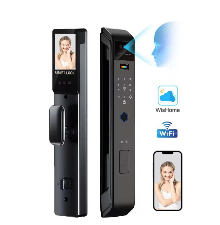 Serrure Face ID Luxury EM23 : caméra intégrée, reconnaissance faciale, alarme anti-intrusion et interphone visuel. Surveillance totale, élégance absolue.