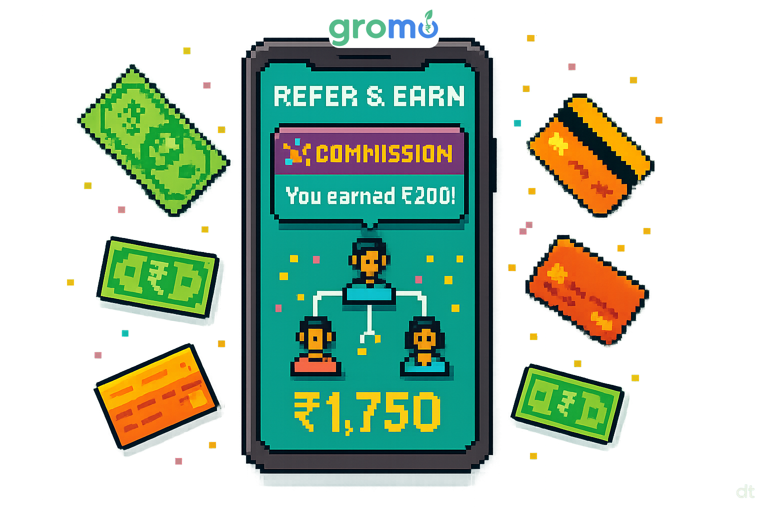 Pixel art smartphone showing financial referral app interface with commission earnings and network connections for income generation