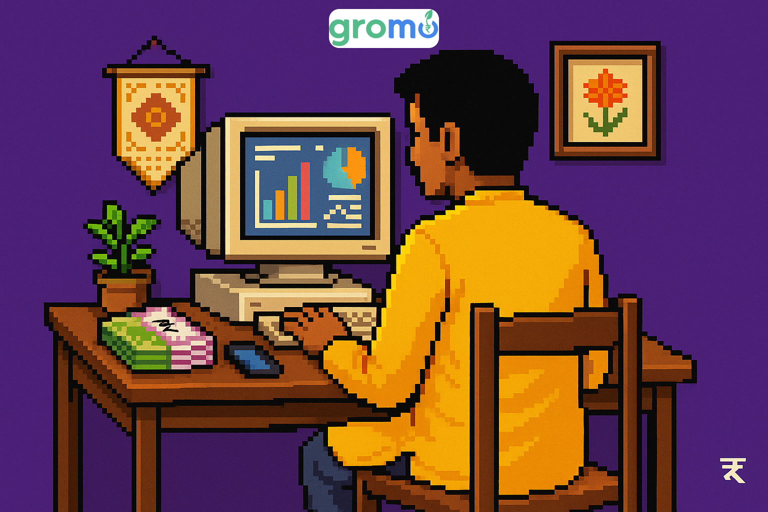 Pixel art illustration of Indian professional earning substantial income from home through digital financial services