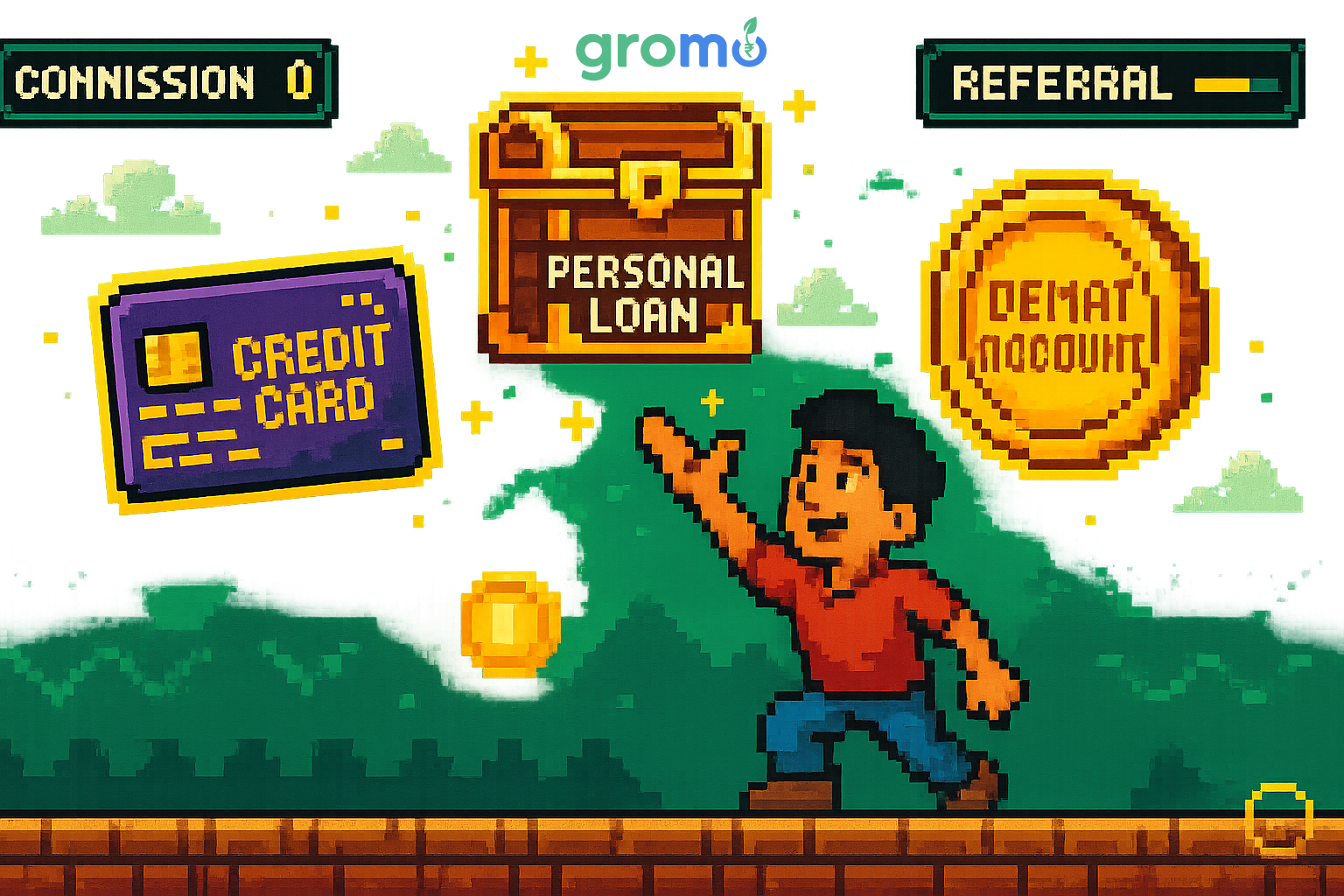 Pixel art illustration of profitable financial products available for referral on GroMo platform