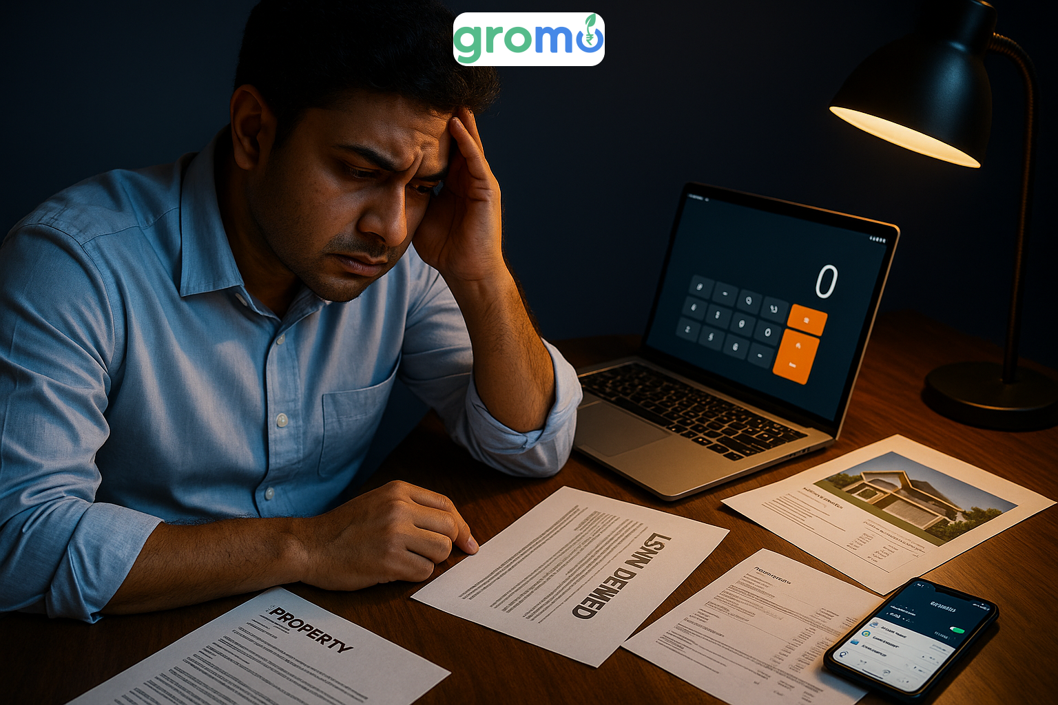 Indian professional checking home loan eligibility calculator on laptop with bank documents