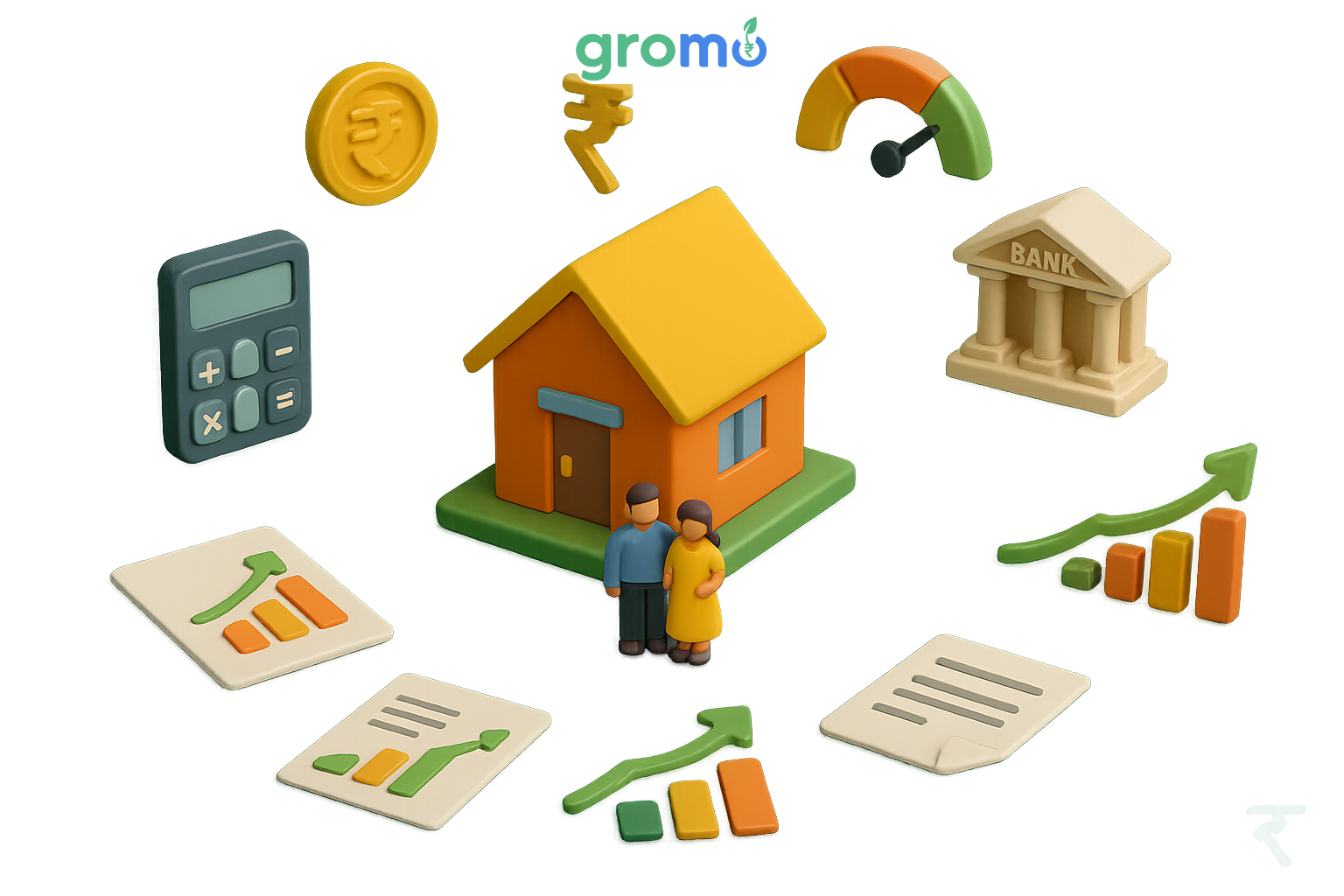 3D isometric illustration of home loan eligibility factors including house model and financial calculations