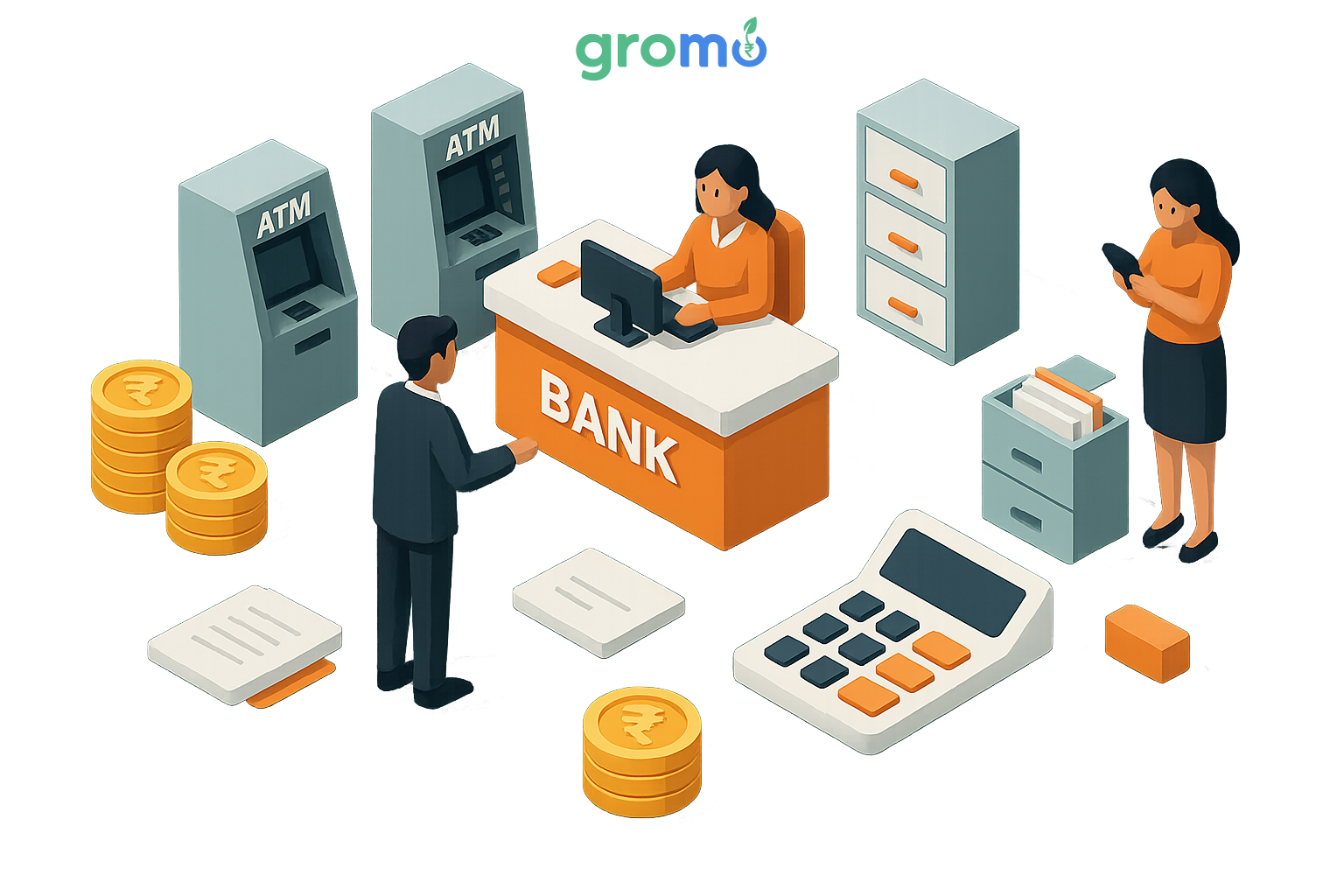 Isometric illustration of Indian bank branch showing business current account advantages and features
