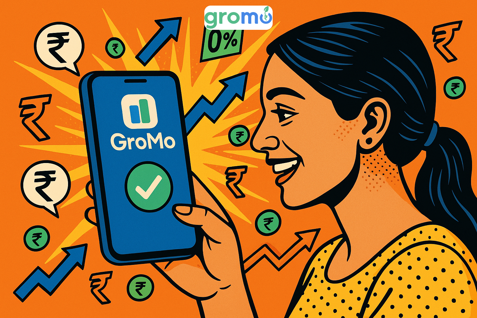 Retro pop-art illustration of Indian woman earning commissions through GroMo app with business banking