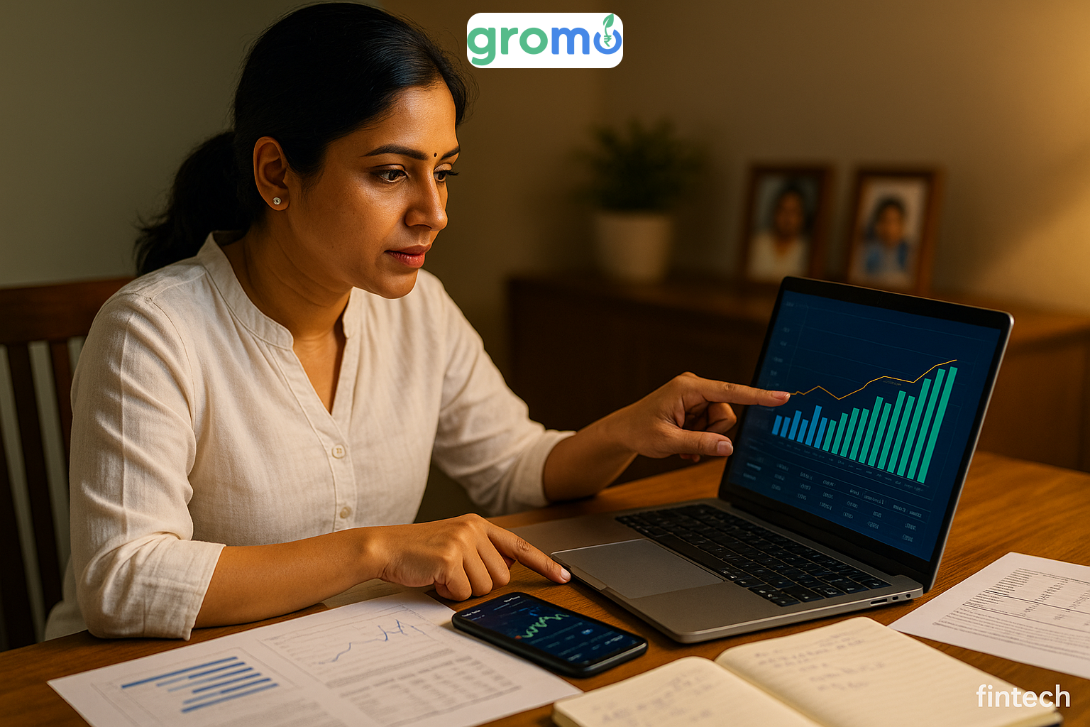 Indian mother managing family investments and financial planning at home office desk