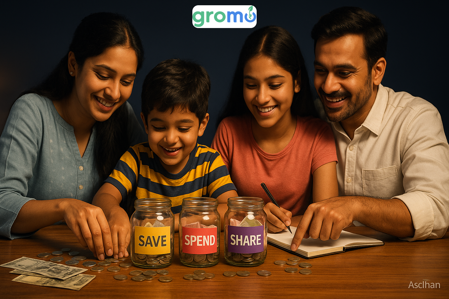 Indian family teaching children money management using four jar method for financial education on International Day of Families