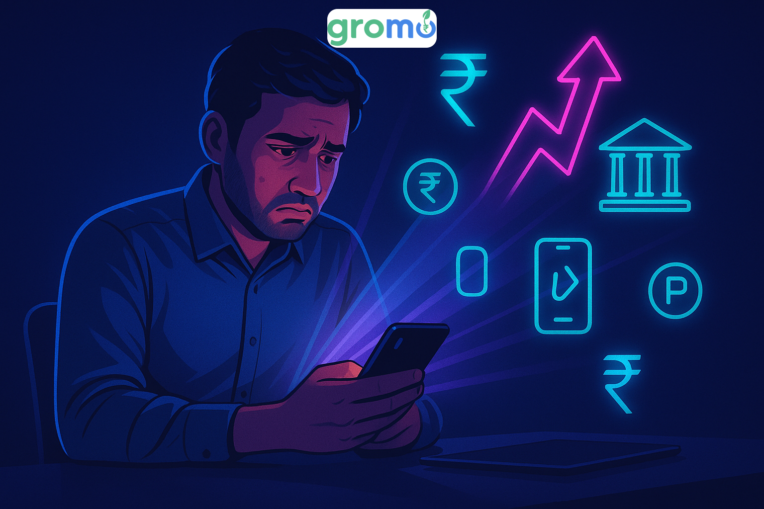 Indian man stressed about traditional emergency fund limitations with glowing financial icons