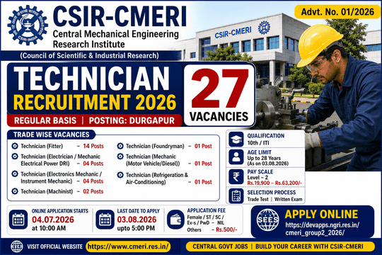 CMERI Recruitment 2026 Notification Out for 27 Technician Posts | Apply Online