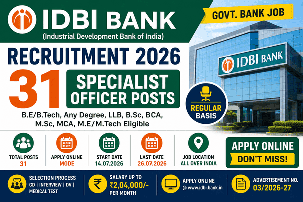 IDBI Bank Recruitment 2026 Notification Out for 31 Specialist Officer Posts | Apply Online
