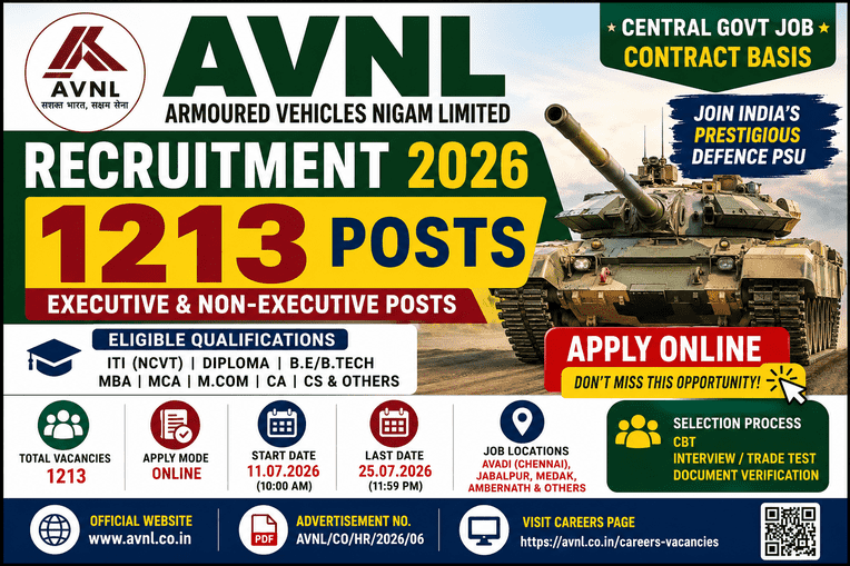 AVNL Recruitment 2026 Notification Out for 1,213 Junior Technician, Junior Manager, Assistant Manager & Other Posts | Apply Online