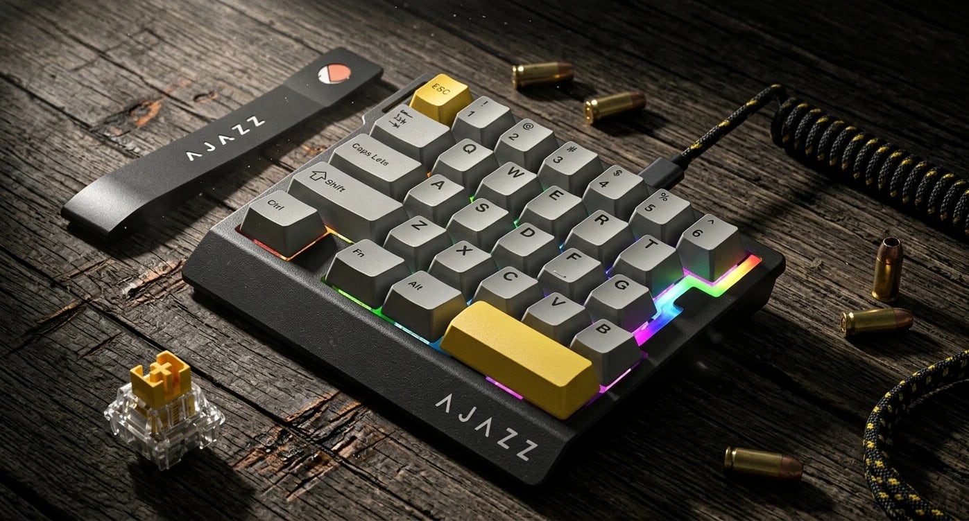 Inquadratura ravvicinata del keypad meccanico da gaming AJAZZ AK029 con tasti grigi e gialli, illuminazione RGB sottostante e cavo a spirale su uno sfondo in legno scuro e rustico.