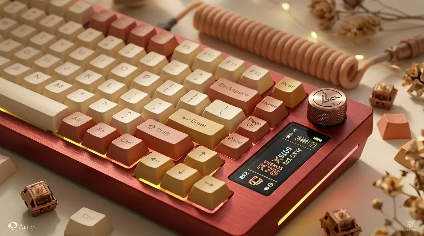 Dettaglio ravvicinato della tastiera meccanica custom AKKO 5075 X Veekos K75 con cassa in metallo rosso borgogna, keycaps bicolore crema e terracotta, manopola rotante ramata e display OLED integrato.