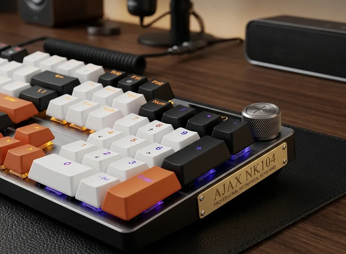 Dettaglio dell&rsquo;angolo della tastiera AJAZZ NK104 con tastierino numerico, keycap bianchi, neri e arancioni, manopola rotante e targhetta metallica dorata su sottomano in pelle.