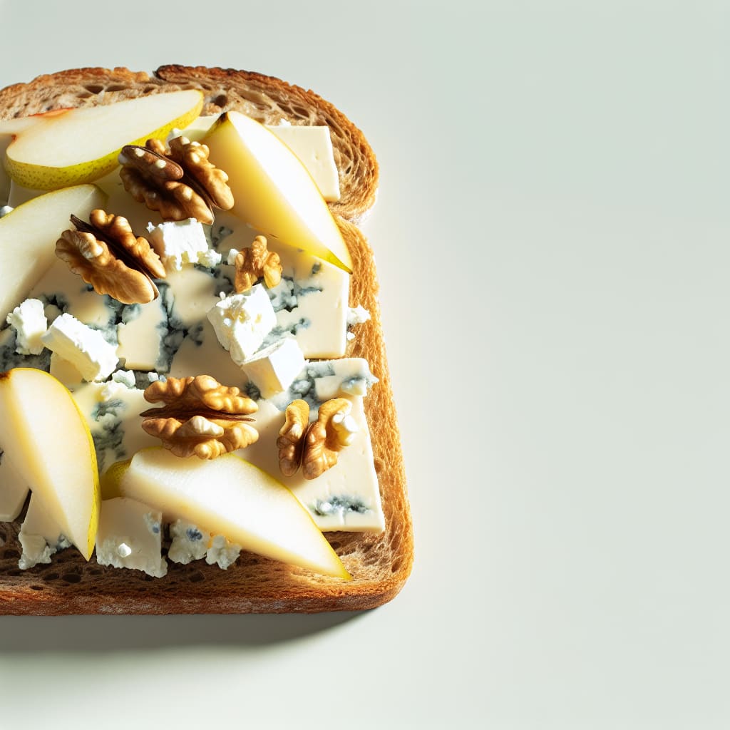 Tostaditas de pan integral con queso azul, peras y nueces