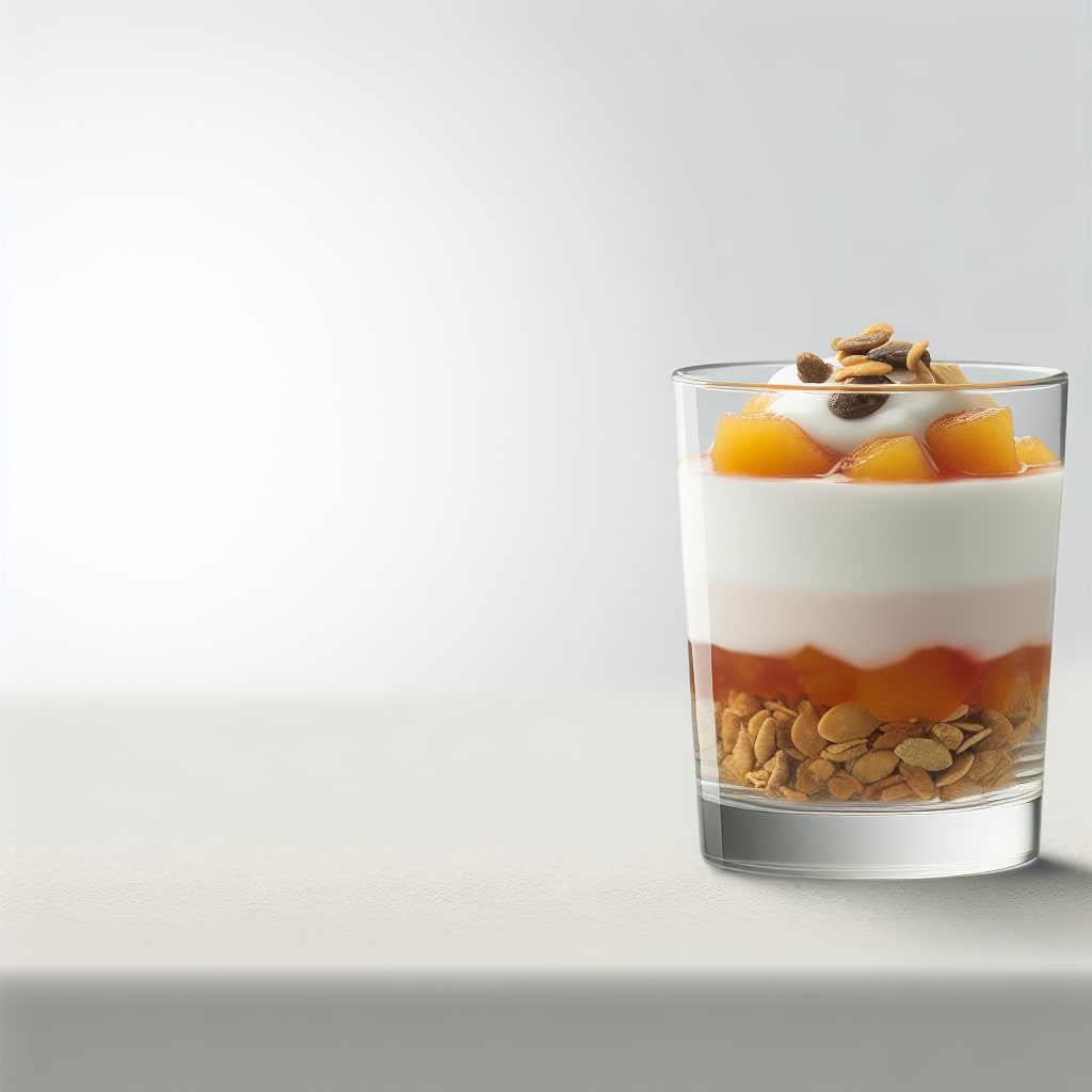 Copa de yogur con compota de duraznos y crocante de semillas