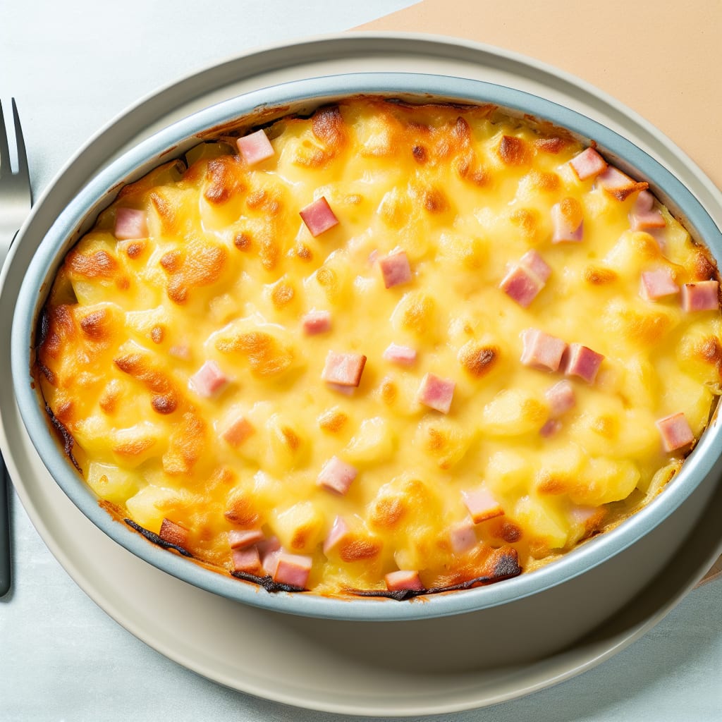 Gratinado de papas con jamón y queso