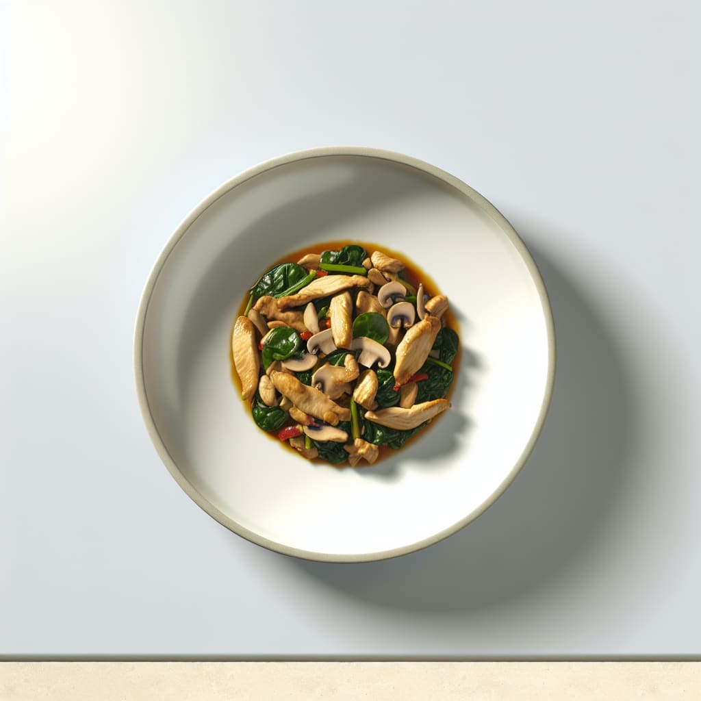 Salteado de pollo con champiñones y espinacas