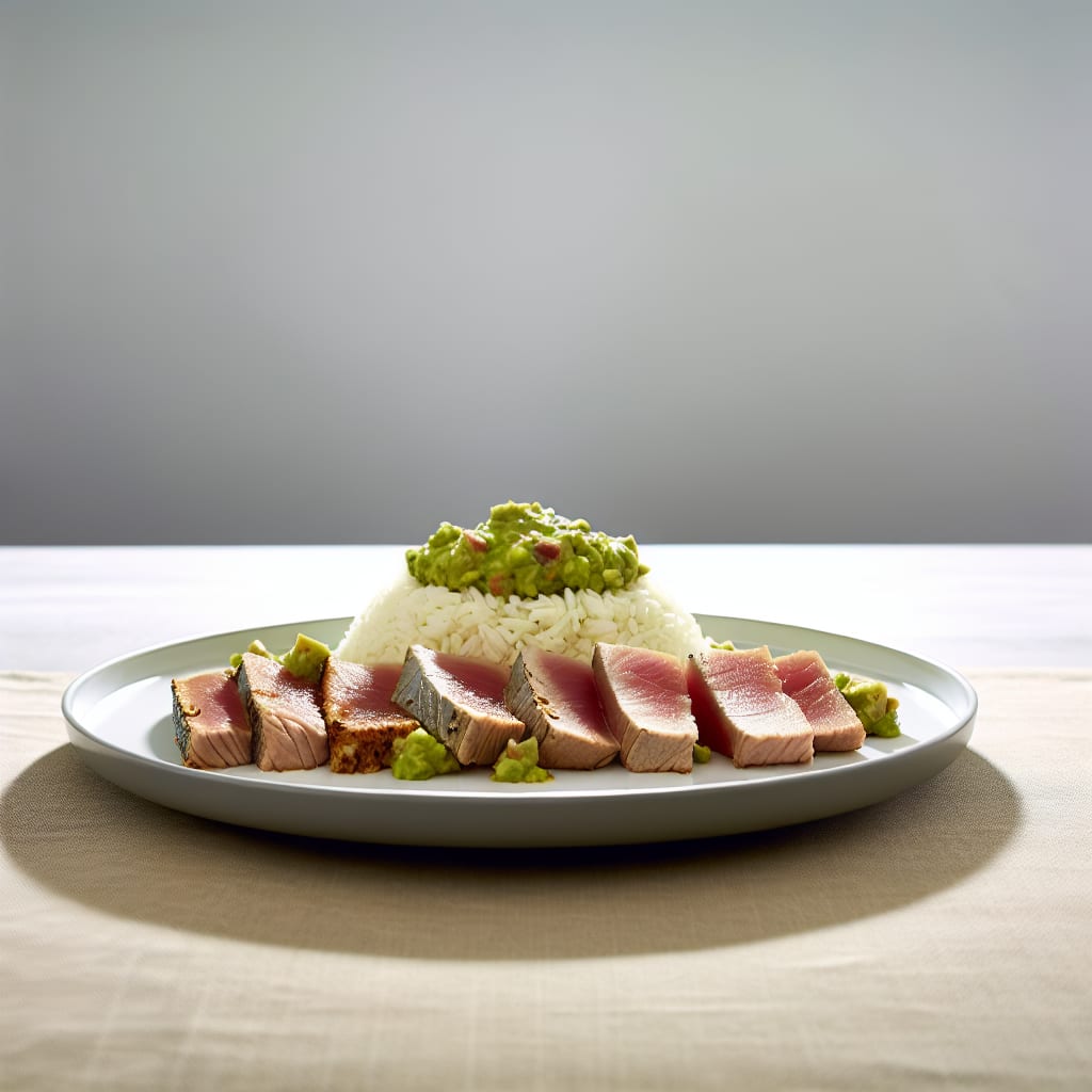 Atún sellado con arroz y guacamole