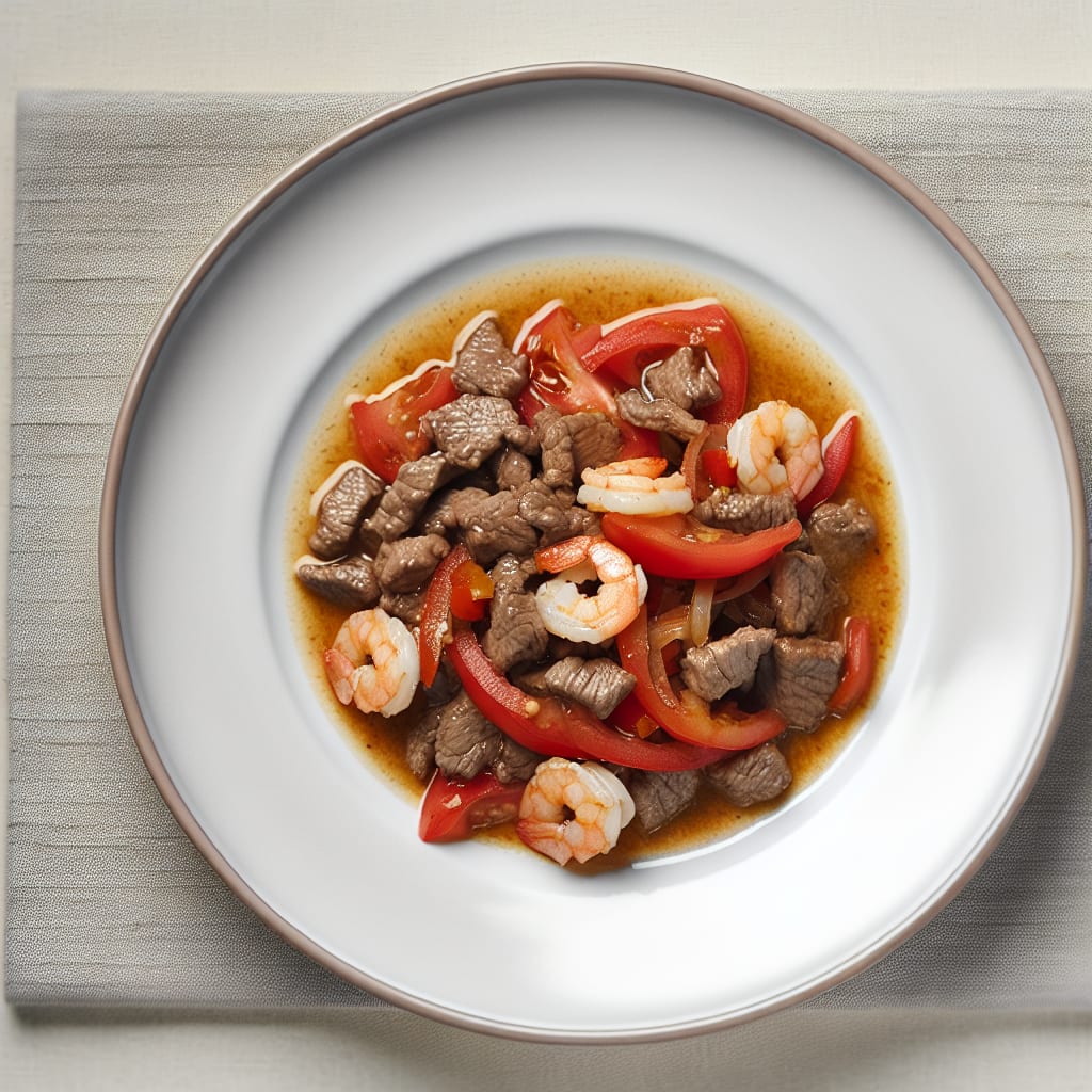 Salteado de Carne y Camarones con Tomate