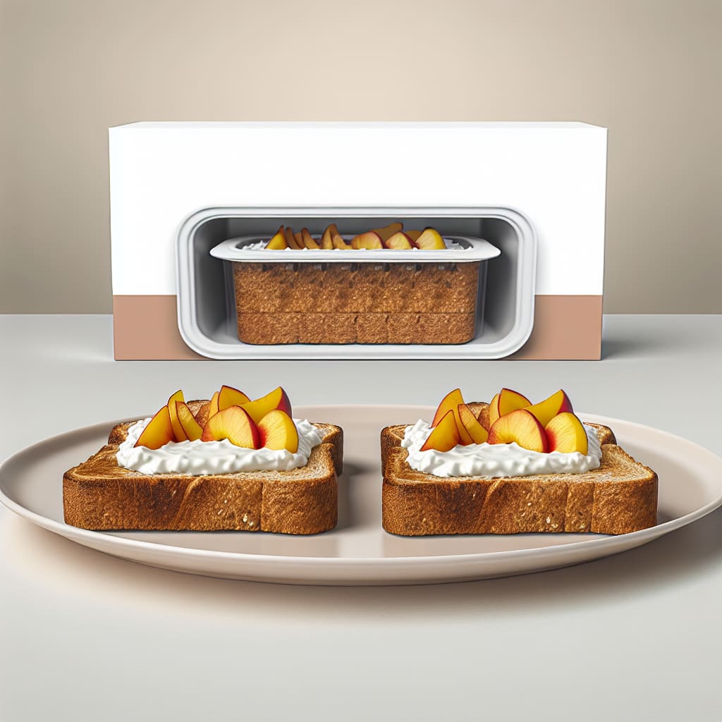 Tostadas dulces de pan integral con duraznos y queso crema