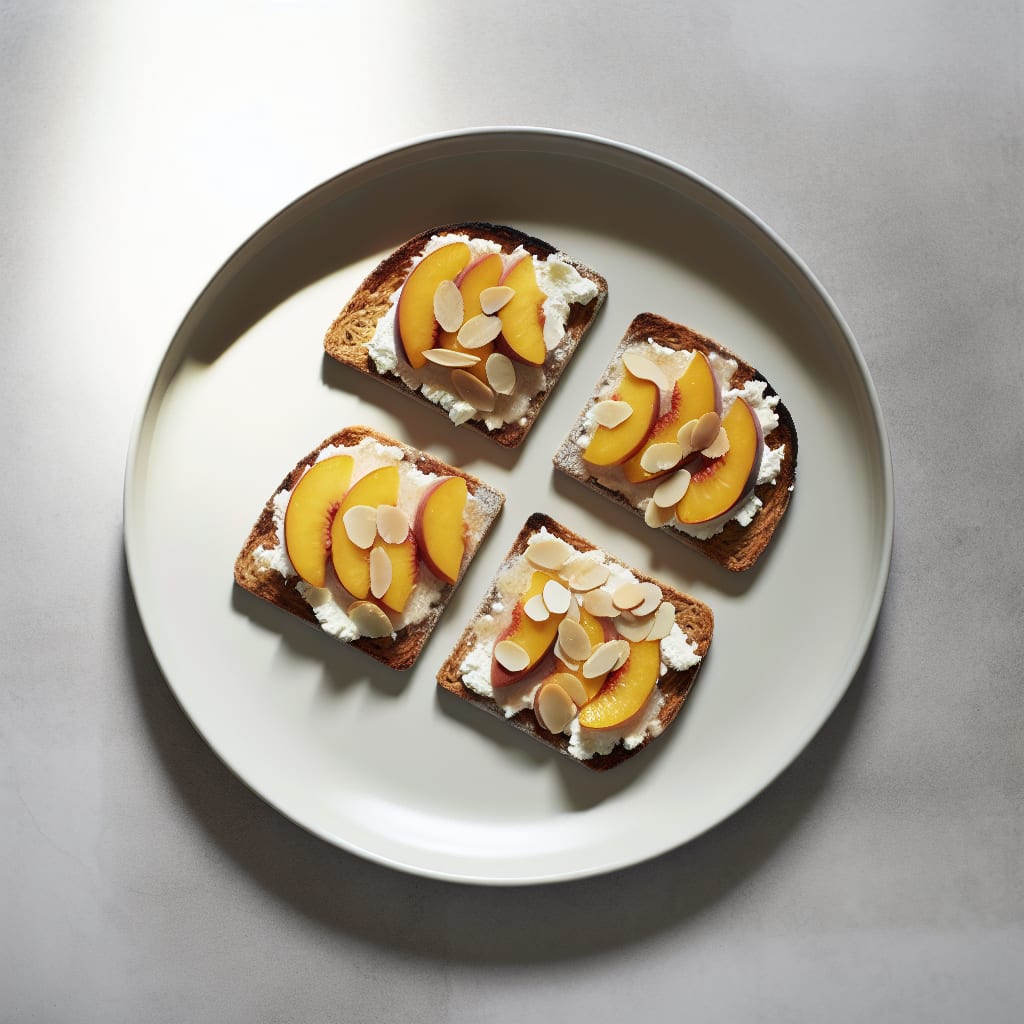Tostaditas dulces de pan integral con ricota, duraznos y almendras