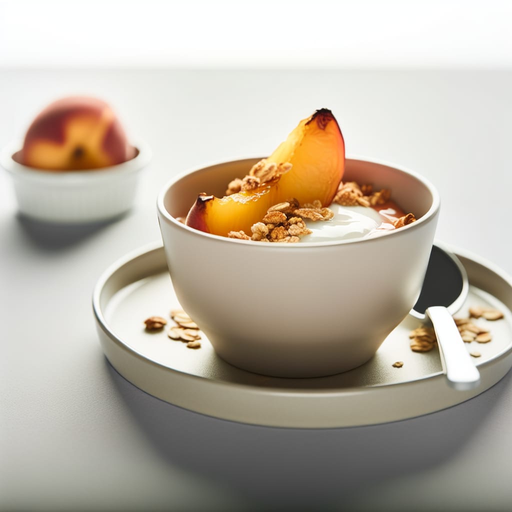 Copa de duraznos asados con yogur y crocante de avena